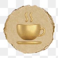 Gold coffee png, mug icon sticker, ripped paper badge, transparent background