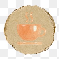 Coffee mug png icon sticker, ripped paper badge, transparent background