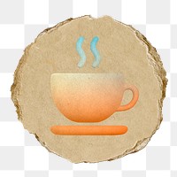 Coffee mug png icon sticker, ripped paper badge, transparent background