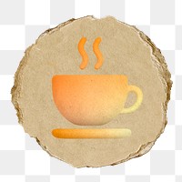 Coffee mug png icon sticker, ripped paper badge, transparent background