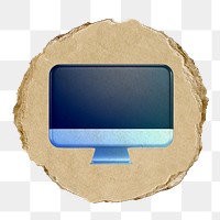 Blue computer png, icon sticker, ripped paper badge, transparent background