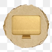 Gold computer png icon sticker, ripped paper badge, transparent background