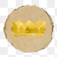 Gold crown png, ranking icon sticker, ripped paper badge, transparent background