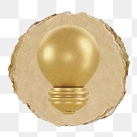 PNG gold light bulb icon sticker, ripped paper badge, transparent background