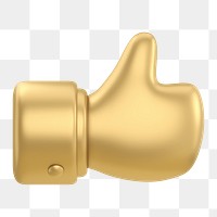 Thumbs up png, gold icon sticker, 3D rendering, transparent background