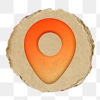 Location pin png, orange icon sticker, ripped paper badge, transparent background