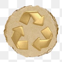 Recycle symbol png, gold environment icon sticker, ripped paper badge, transparent background