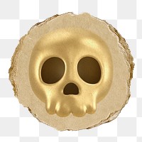 Gold skull png icon sticker, ripped paper badge, transparent background