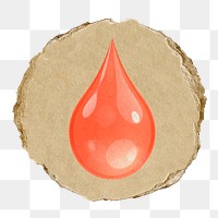 Blood drop, health png icon sticker, ripped paper badge, transparent background