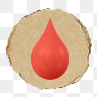 Blood drop, health png icon sticker, ripped paper badge, transparent background