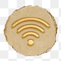 Gold wifi png icon sticker, ripped paper badge, transparent background