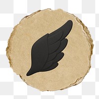 Black angel wing png icon sticker, ripped paper badge, transparent background