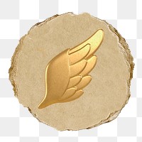 Angel wing png, gold icon sticker, ripped paper badge, transparent background