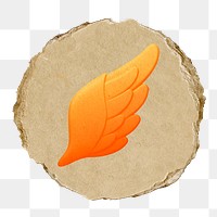Angel wing png, orange icon sticker, ripped paper badge, transparent background