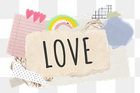 Love png word sticker typography, aesthetic paper collage, transparent background