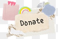 Donate png word sticker typography, aesthetic paper collage, transparent background