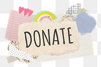 Donate png word sticker typography, aesthetic paper collage, transparent background