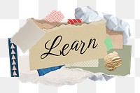 Learn png word sticker typography, aesthetic paper collage, transparent background