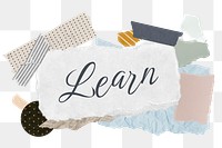 Learn png word sticker typography, aesthetic paper collage, transparent background