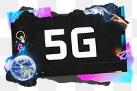 5G png word sticker typography, technology neon paper collage, transparent background