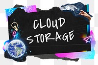 Cloud storage png word sticker typography, technology neon paper collage, transparent background