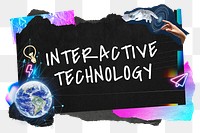 Interactive technology png word sticker typography, neon aesthetic paper collage, transparent background