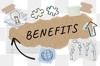 Benefits png word sticker typography, business doodle, paper collage, transparent background