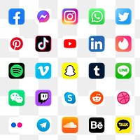 Popular social media icons png set in neon with Facebook, Instagram, Twitter, TikTok, YouTube etc. 13 MAY 2022 - BANGKOK, THAILAND