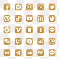 Popular social media icons png set in gold with Facebook, Instagram, Twitter, TikTok, YouTube etc. 13 MAY 2022 - BANGKOK, THAILAND