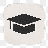 Graduation cap png education icon sticker, ripped paper design on transparent background