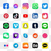 Popular social media icons png set in ripped paper design with Facebook, Instagram, Twitter, TikTok, YouTube etc. 13 MAY 2022 - BANGKOK, THAILAND