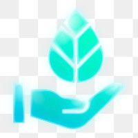 Hand png presenting leaf icon  sticker, neon glow, transparent background