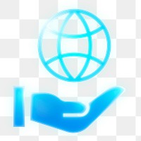 Hand png presenting globe icon  sticker, neon glow, transparent background