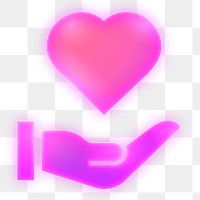 Hand png presenting heart icon sticker, neon glow, transparent background