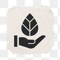 Hand png presenting leaf icon sticker, ripped paper design, transparent background