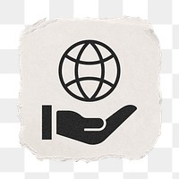 Hand png presenting globe icon sticker, ripped paper design, transparent background