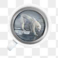 Polar bear png sticker, cup, circle shape remixed media design, transparent background