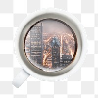 Night city png sticker, cup, circle shape remixed media design, transparent background