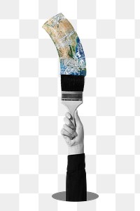 Png hand holding paintbrush sticker, remixed media design, transparent background