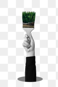 Png hand holding paintbrush sticker, remixed media design, transparent background