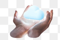 Cloud png sticker, 3D illustration, hand holding, remixed media design, transparent background