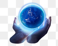 Earth png sticker, hand holding, remixed media design, transparent background