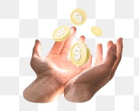 Dollar coins png sticker, 3D illustration, hand holding, remixed media design, transparent background