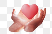 Heart png sticker, 3D illustration, hand holding, remixed media design, transparent background