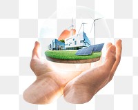 Renewable energy png sticker, hand holding, remixed media design, transparent background