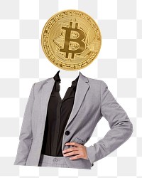 Bitcoin head png businesswoman sticker, finance remixed media, transparent background