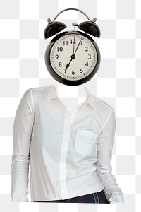 Alarm clock png head businesswoman sticker, HR business remixed media, transparent background