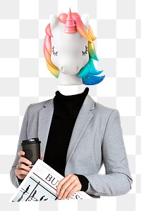 Unicorn head png businesswoman sticker, startup business remixed media, transparent background