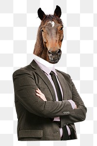 Businessman png horse head sticker, animal, surreal remixed media, transparent background