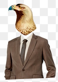 Businessman png hawk head sticker, animal, surreal remixed media, transparent background